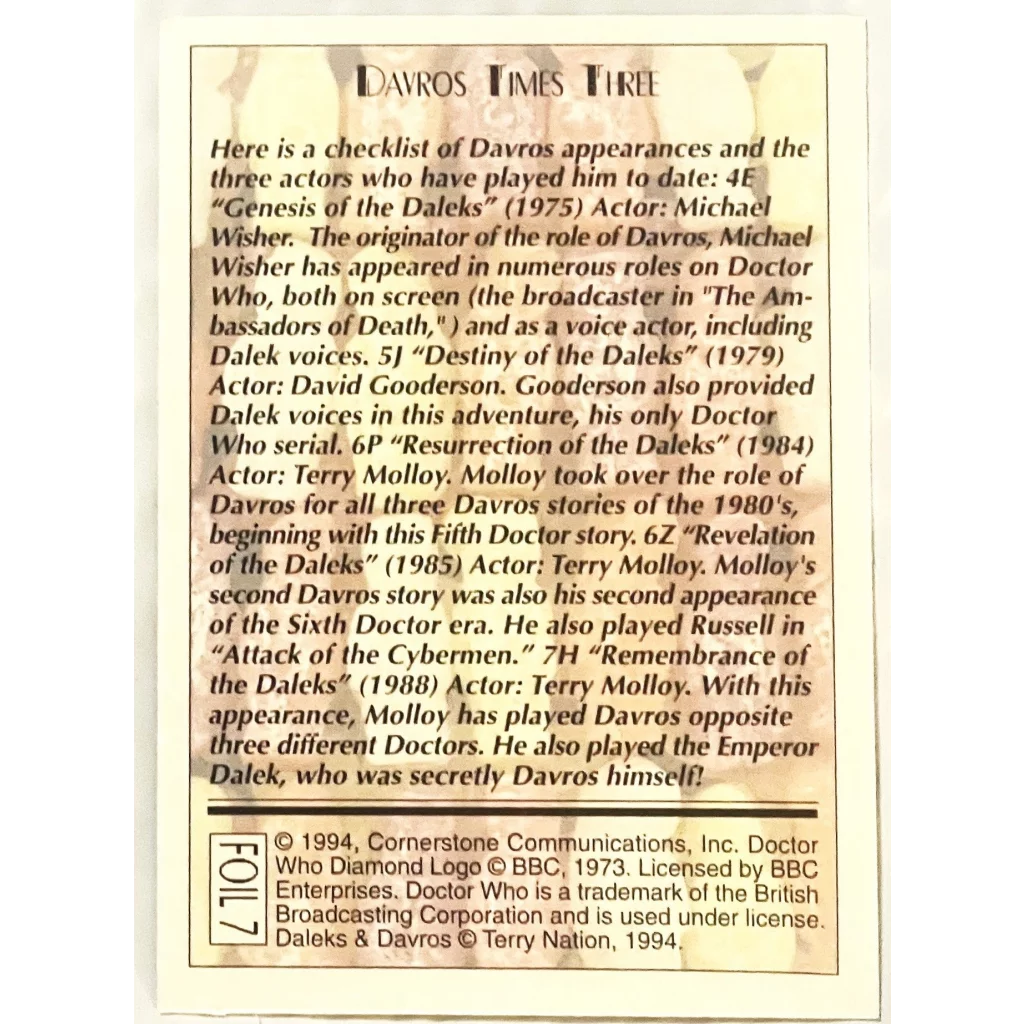 Newspaper clipping on Davros in Doctor Who, plus actors behind this vintage 1990s trading card