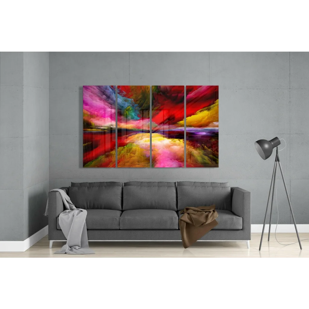 Vibrant 4-panel abstract wall art canvas with multicolored swirls on gray sofa