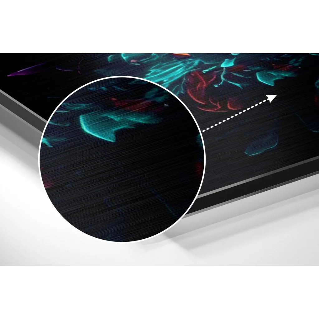 Vibrant teal and red abstract art in black brushed aluminium dibond frame