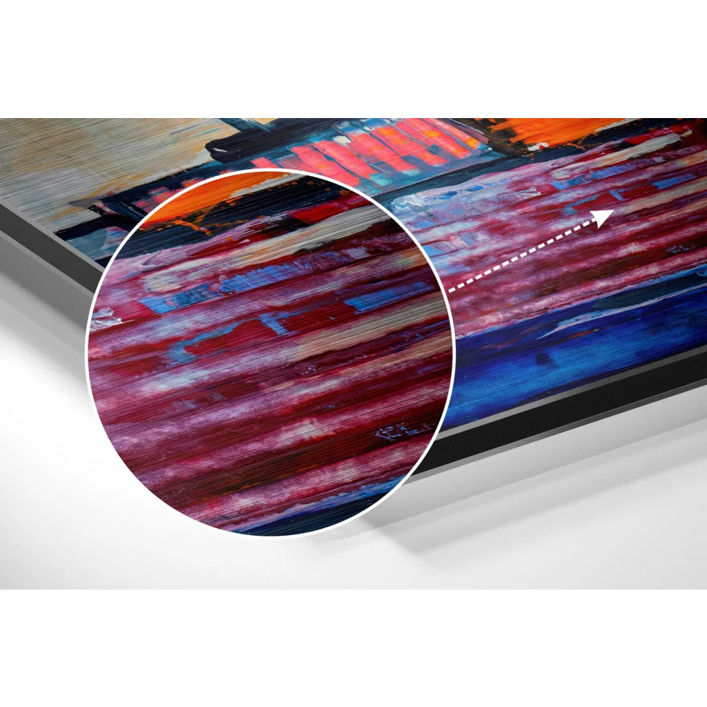 Red and blue abstract art print in black frame on brushed aluminium dibond