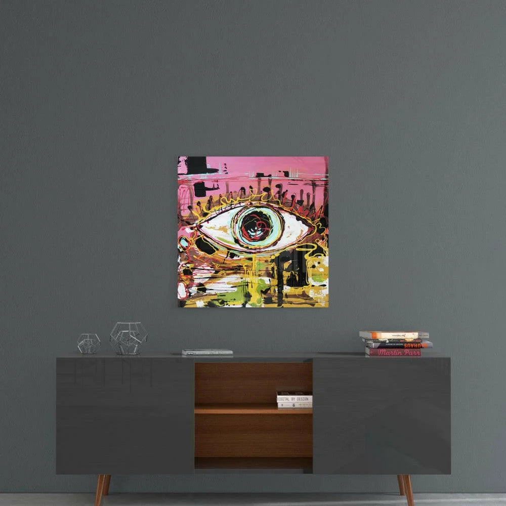 Vibrant abstract eye glass wall art with bold pink, yellow, black splashes