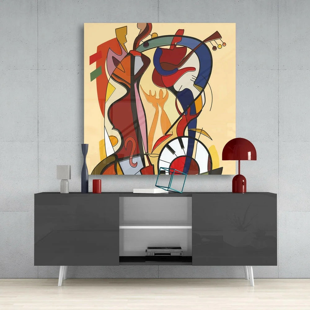Modern gray sideboard with white legs and vibrant abstract guitar wall art