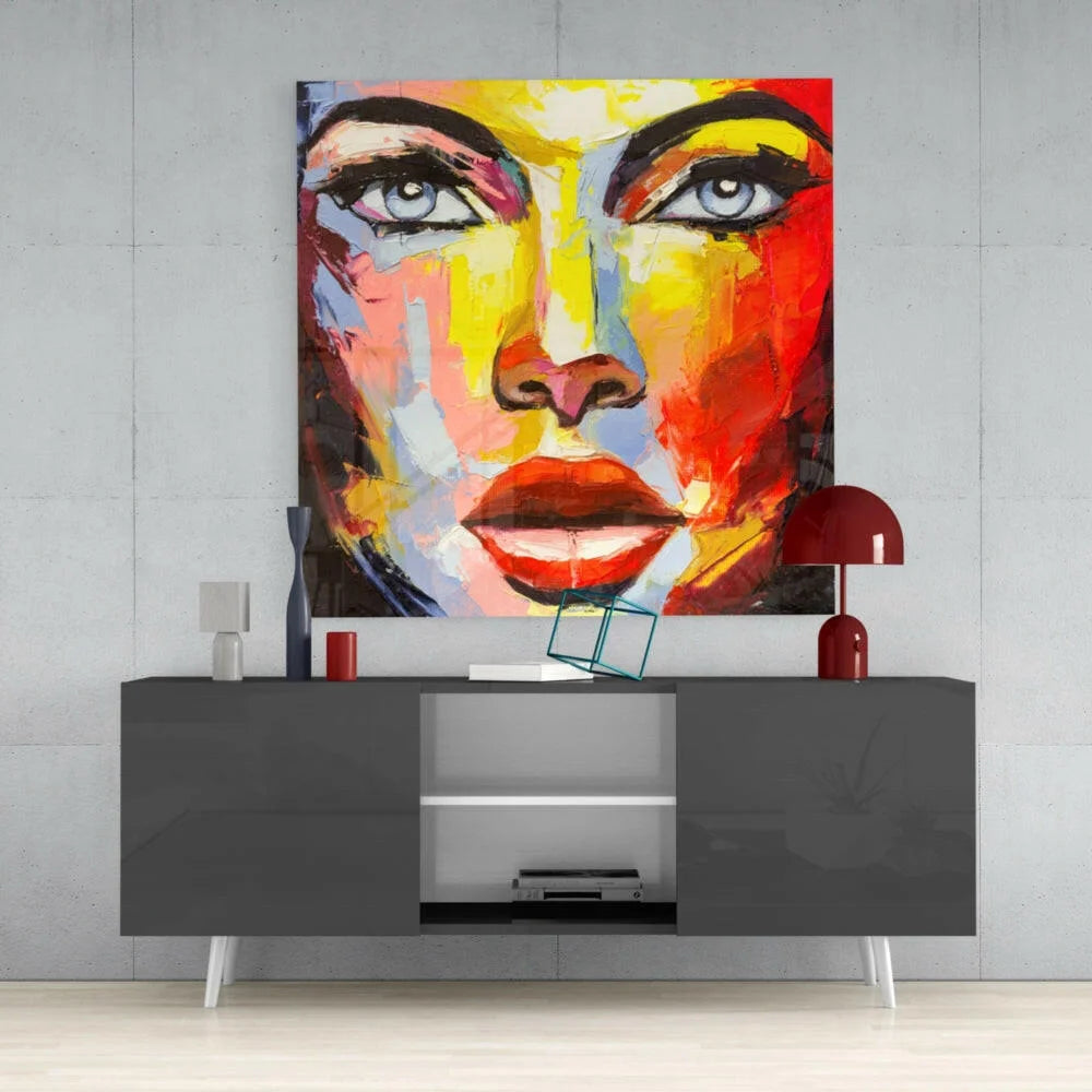 Vibrant abstract portrait glass wall art with bold yellow, red, blue strokes