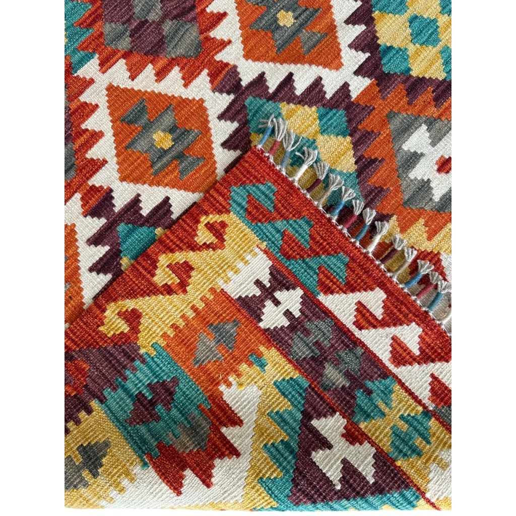 Vibrant Afghani chobi kilim rug with bold geometric diamonds