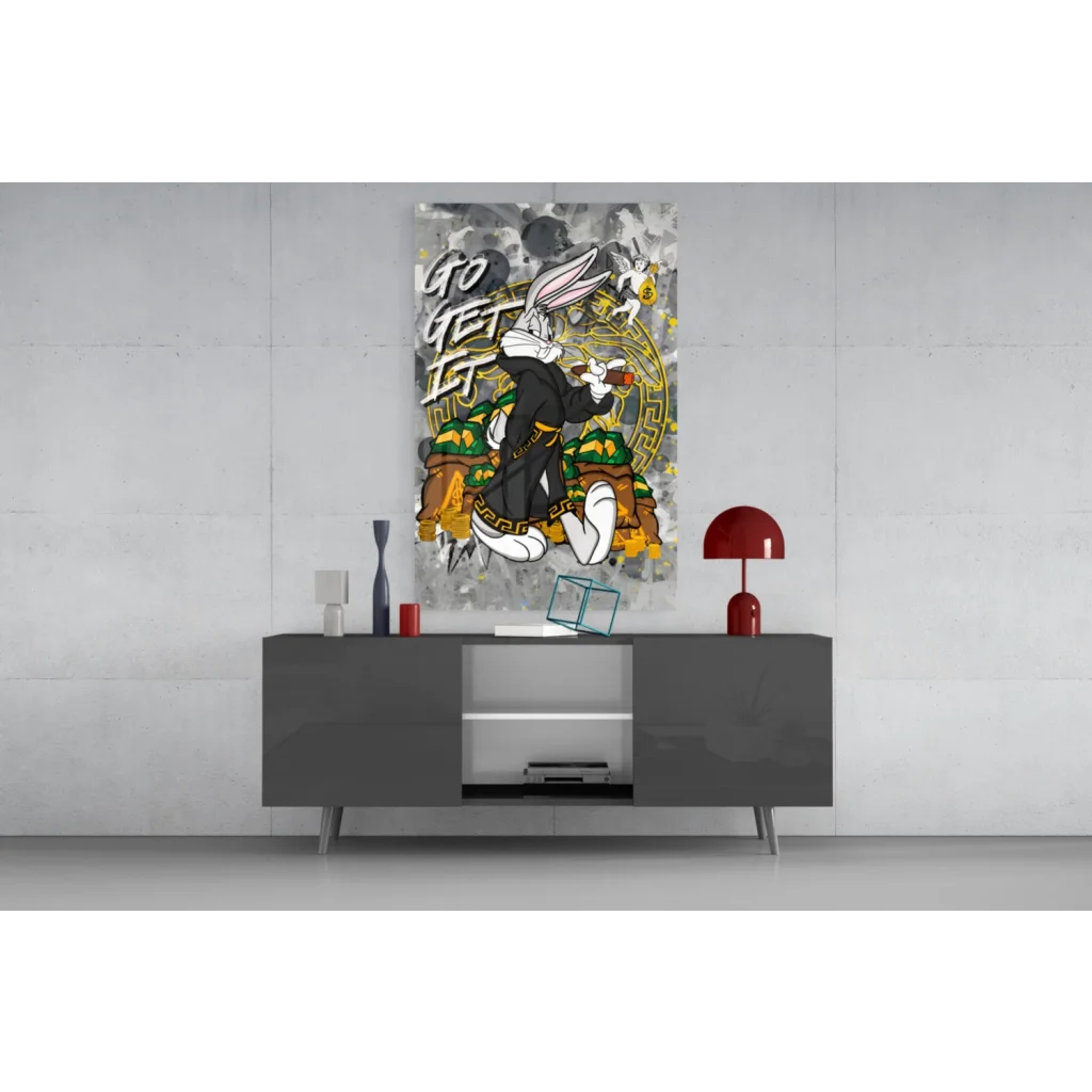 Modern gray sideboard with sleek silver legs under vibrant anime rabbit wall art