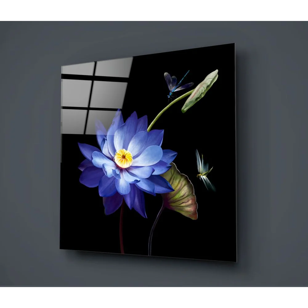 Vibrant blue lotus tempered glass art on black panel with size comparison