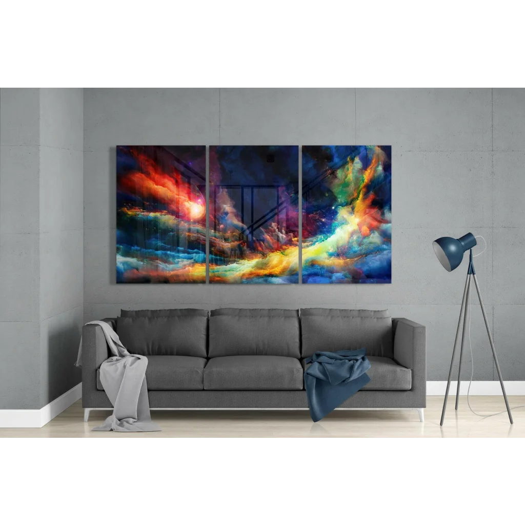 Vibrant Cosmic Triptych wall art canvas with swirling colors and dynamic design