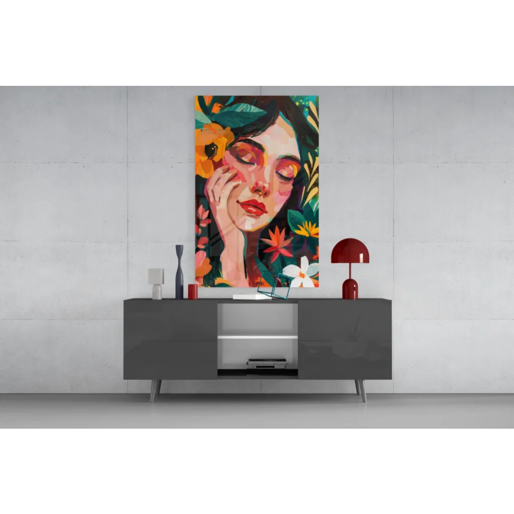 Modern gray sideboard under vibrant floral woman wall art print