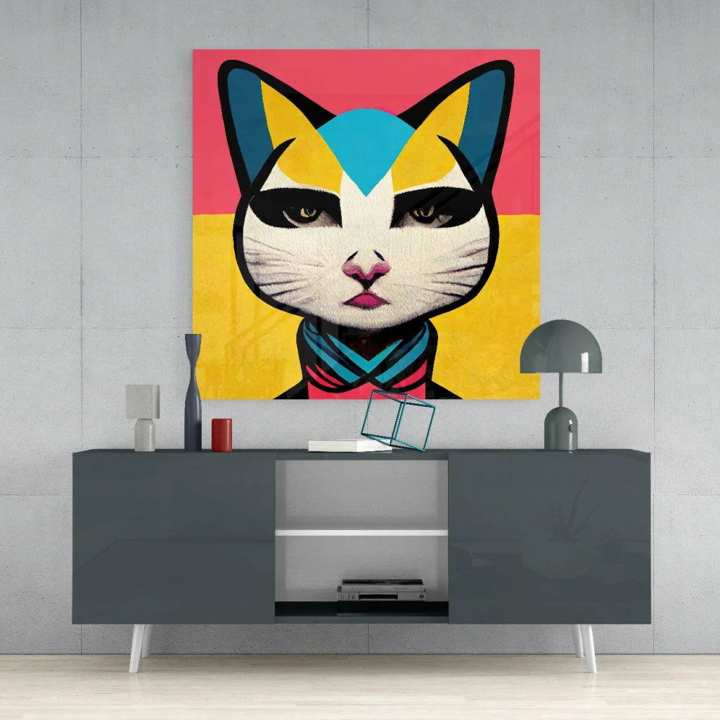 Vibrant geometric cat kimono canvas wall art in yellow pink