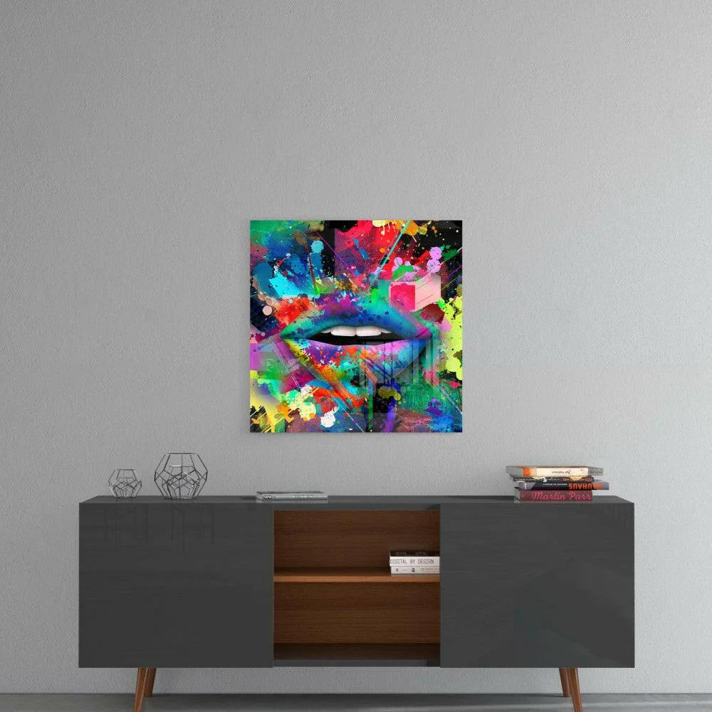 Vibrant colorful abstract lips glass wall art with bold geometric shapes