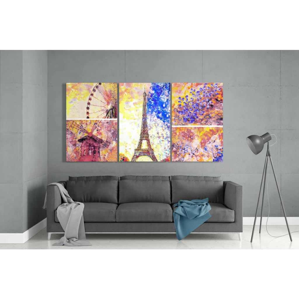 Vibrant Paris Eiffel Tower multi-panel canvas wall art set