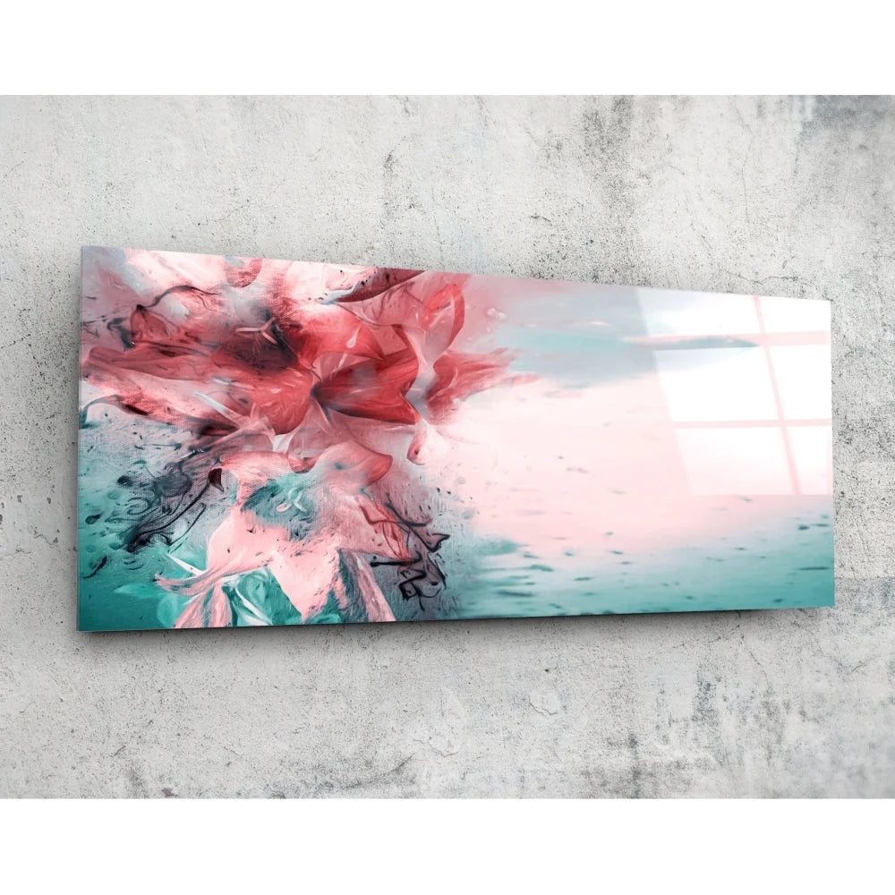 Vibrant pink teal tempered glass art with abstract florals