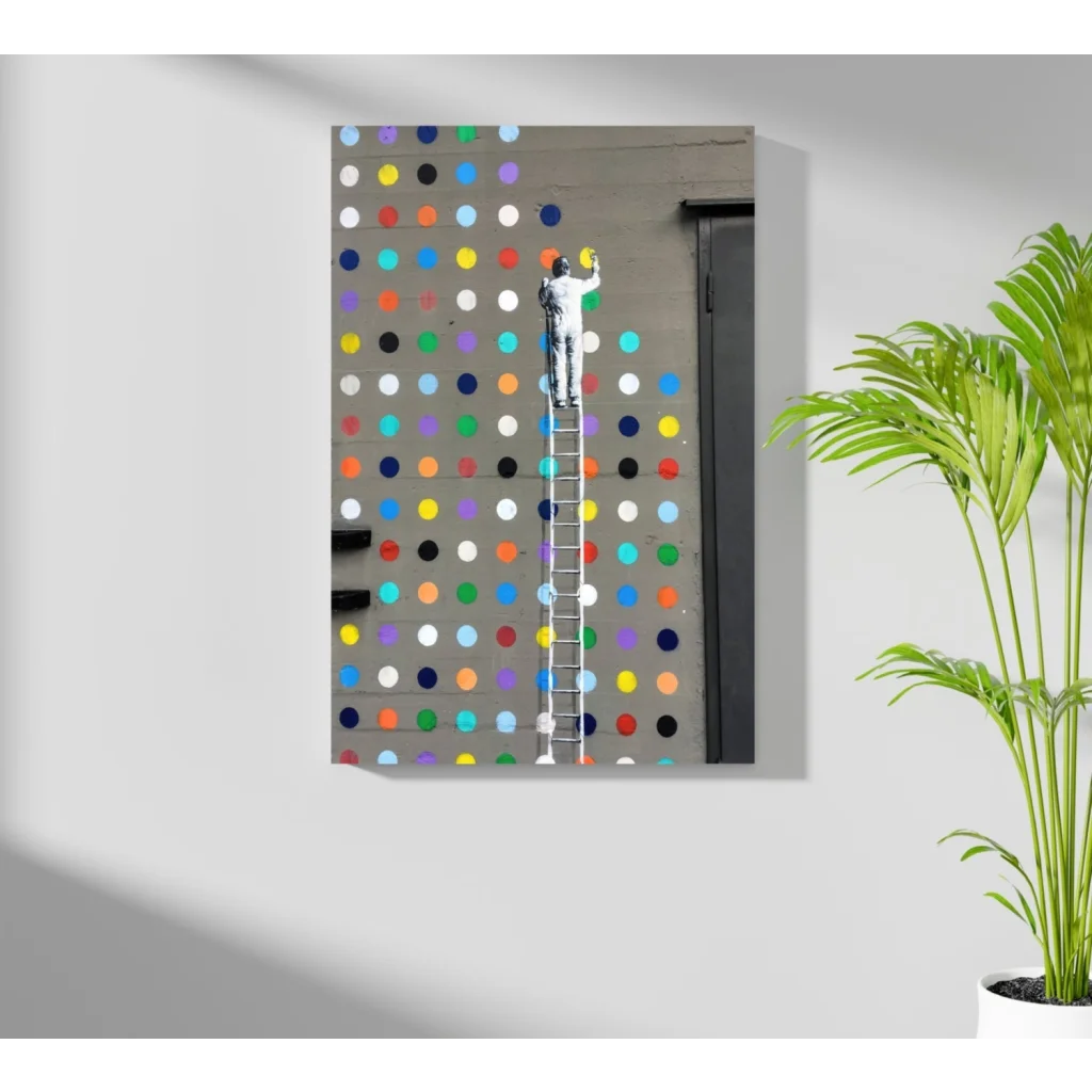 Vibrant multi-colored polka dot canvas wall art with ladder and figure