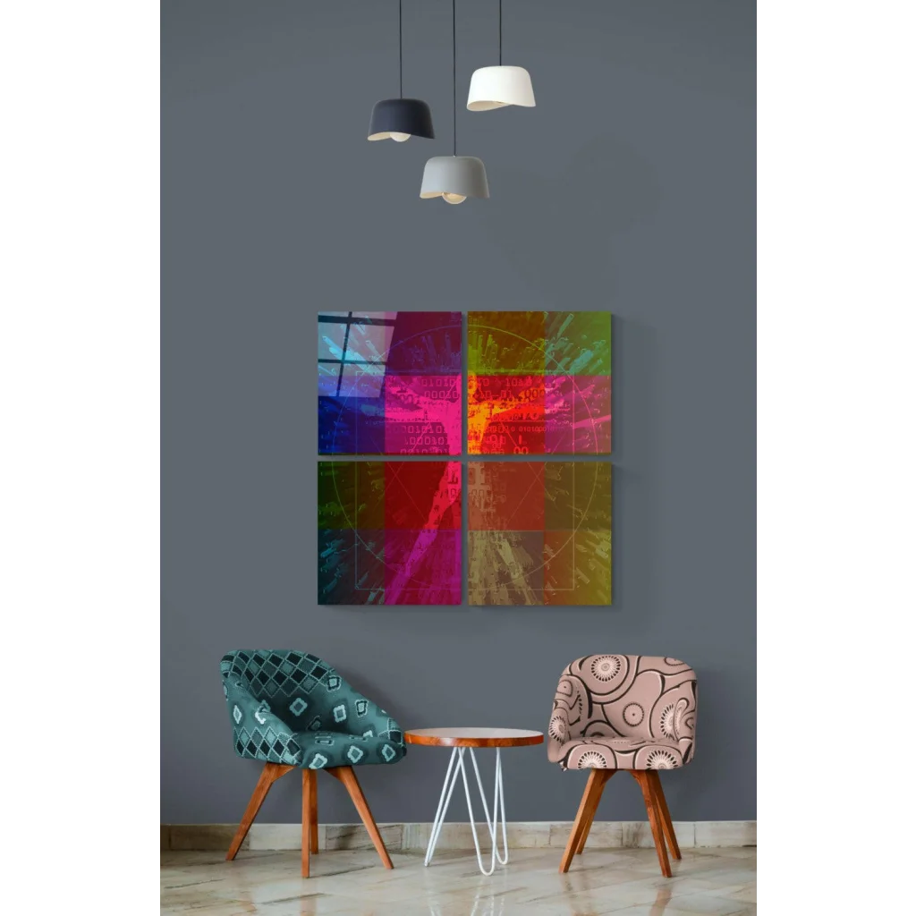 Vibrant quad panel glass wall art with bold geometric blocks in magenta teal orange green yellow hues