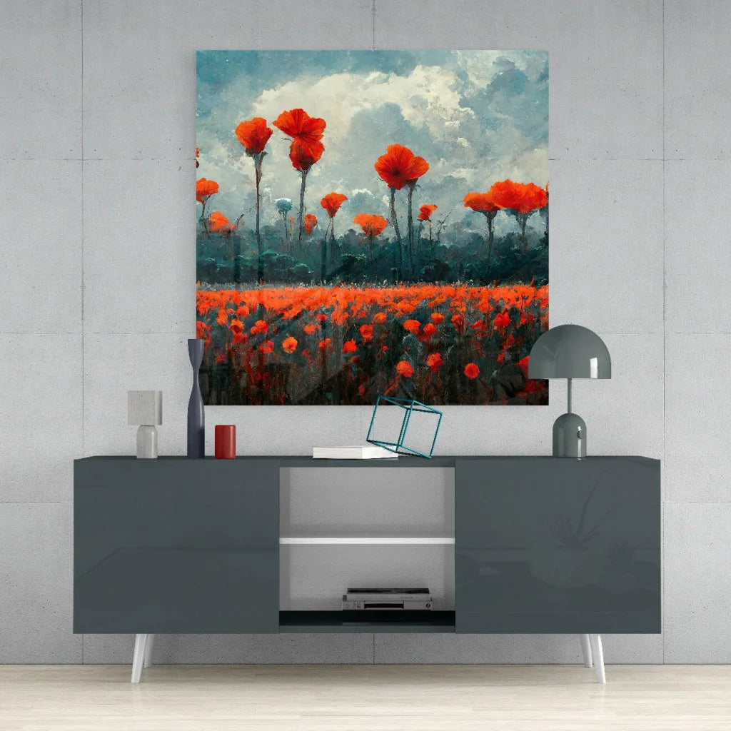Vibrant red poppy glass wall art with glossy acrylic finish