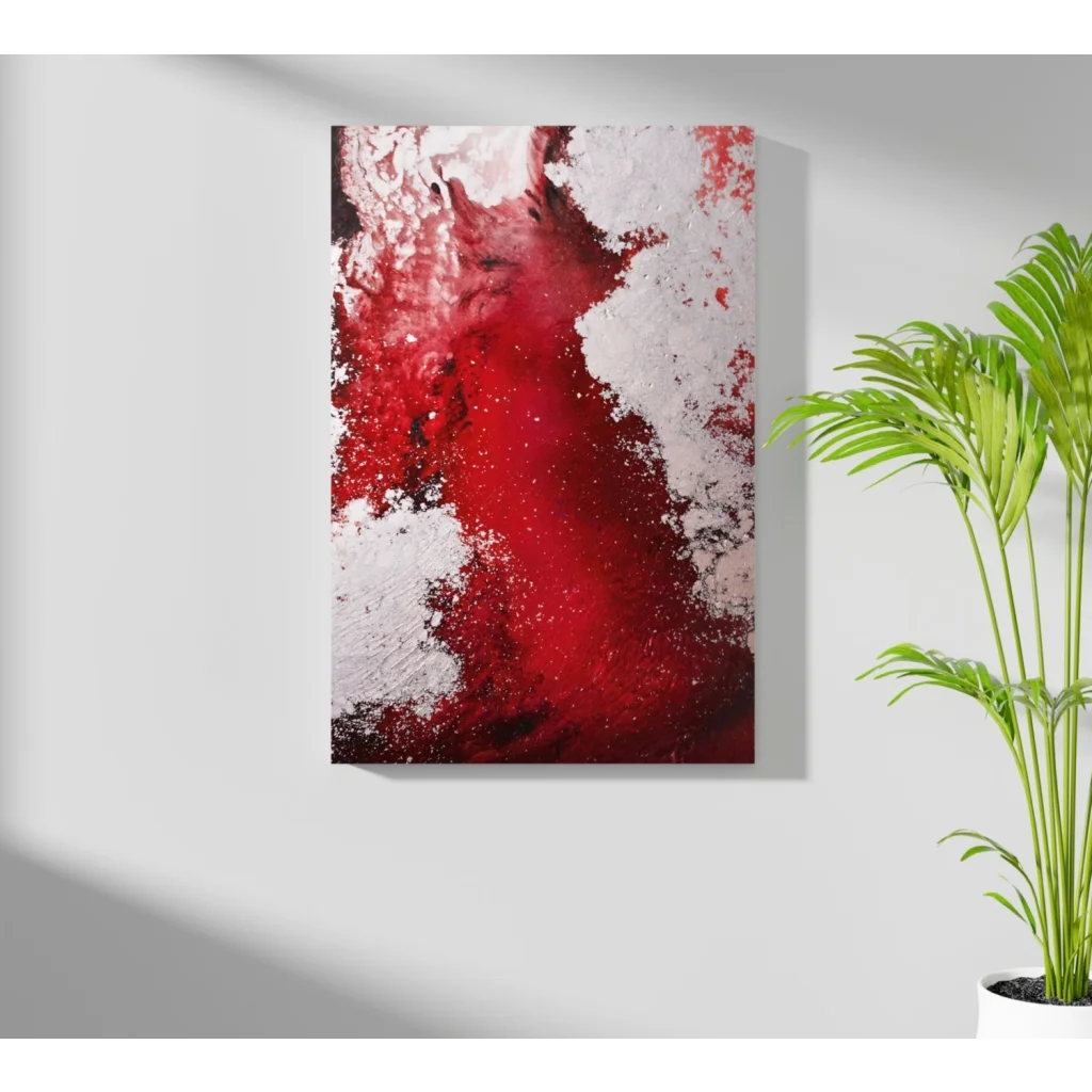 Vibrant red splash abstract aluminum wall art with textured paint
