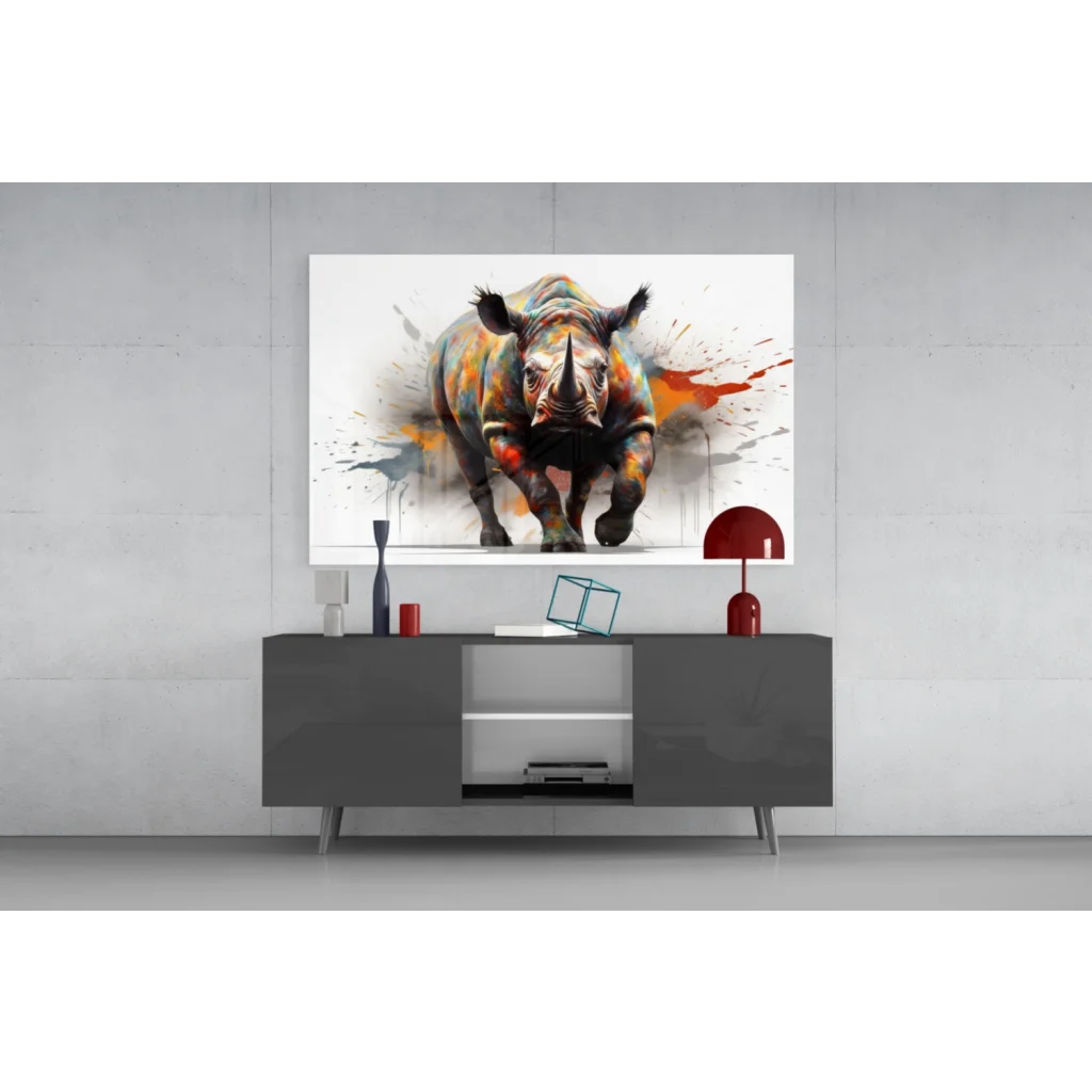 Vibrant rhino splatter canvas wall art print with abstract colors