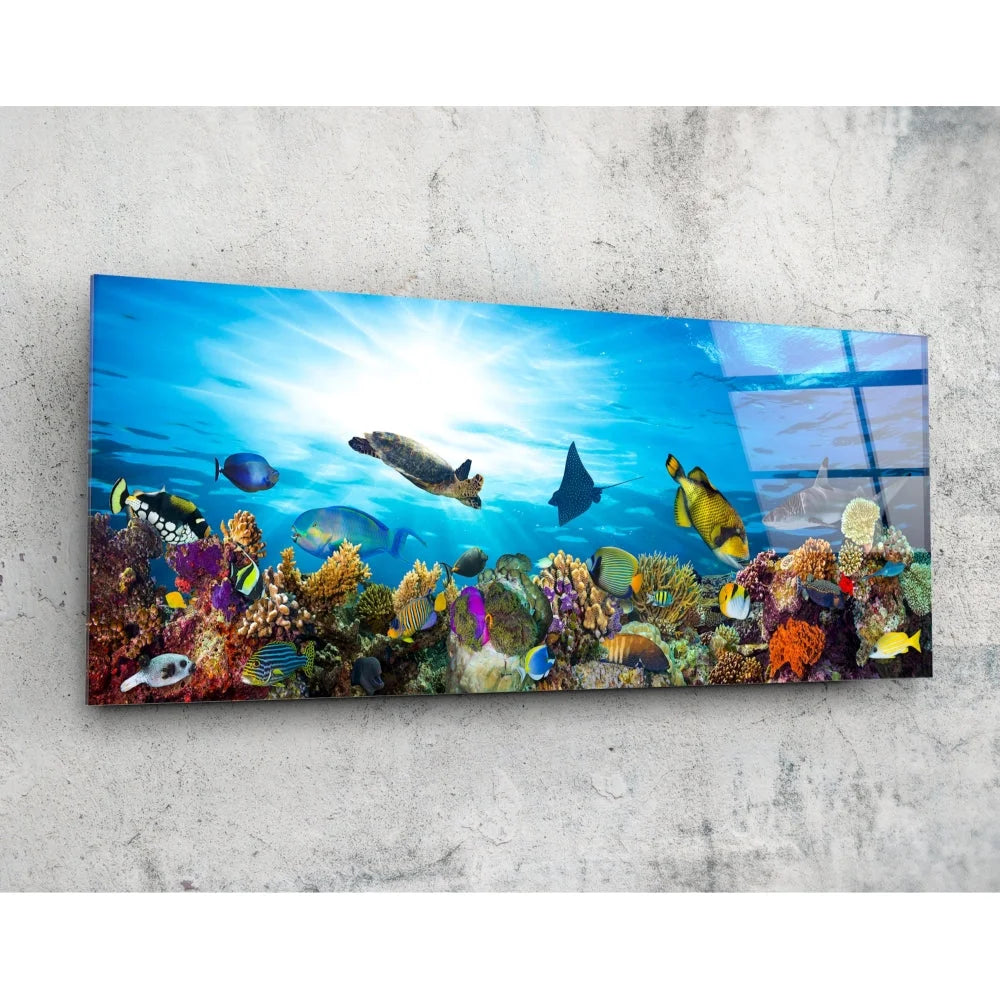 Vibrant sea turtle tempered glass art with coral reef and size guide