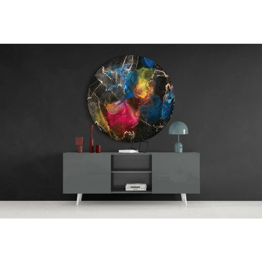 Vibrant swirl tempered glass art with blues, reds, gold accents on dark background