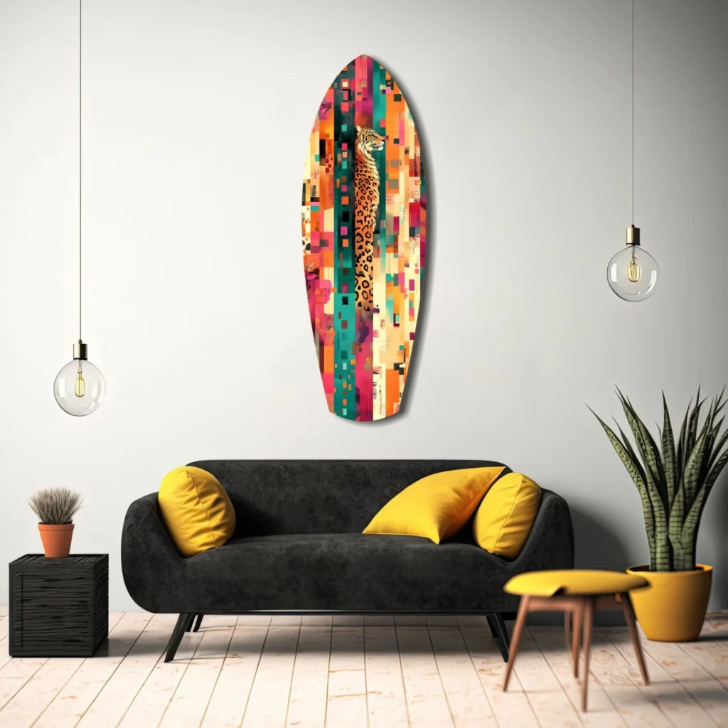 Vibrant tempered glass art with colorful abstract leopard design