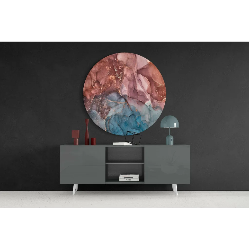 Modern gray sideboard with white legs, open shelves, and vibrant tempered glass art