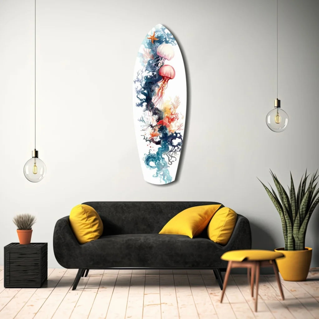 Vibrant tempered glass art surfboard wall decor with jellyfish design
