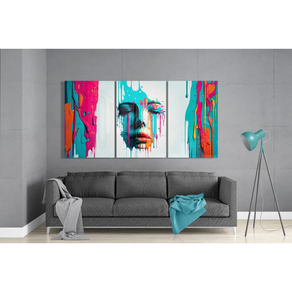 Vibrant triptych glass art face with pink, blue paint splatters on white
