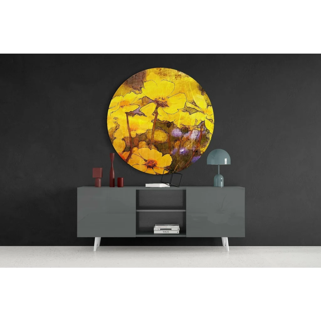 Vibrant yellow floral tempered glass art circle with size comparison