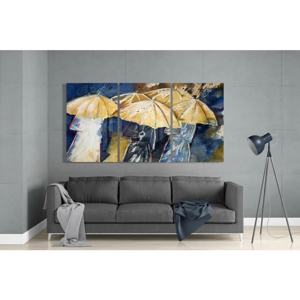 Vibrant yellow umbrella triptych abstract canvas wall art in blue hues