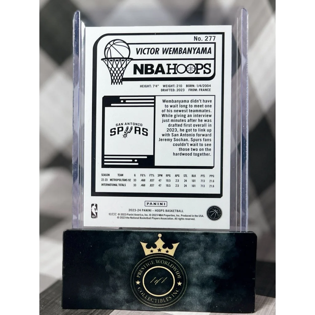 Black and white Victor Wembanyama NBA Hoops card in acrylic holder with crown design from Prestige Worldwide Collectibles