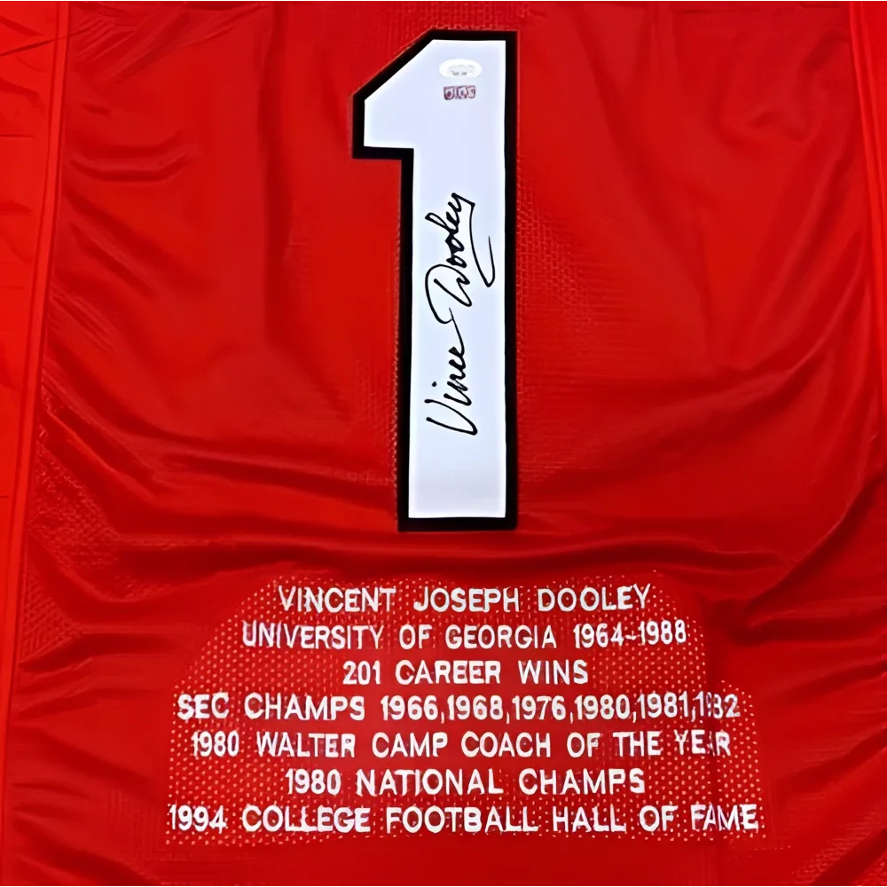 Vince Dooley signed red Georgia stat jersey with white number 1