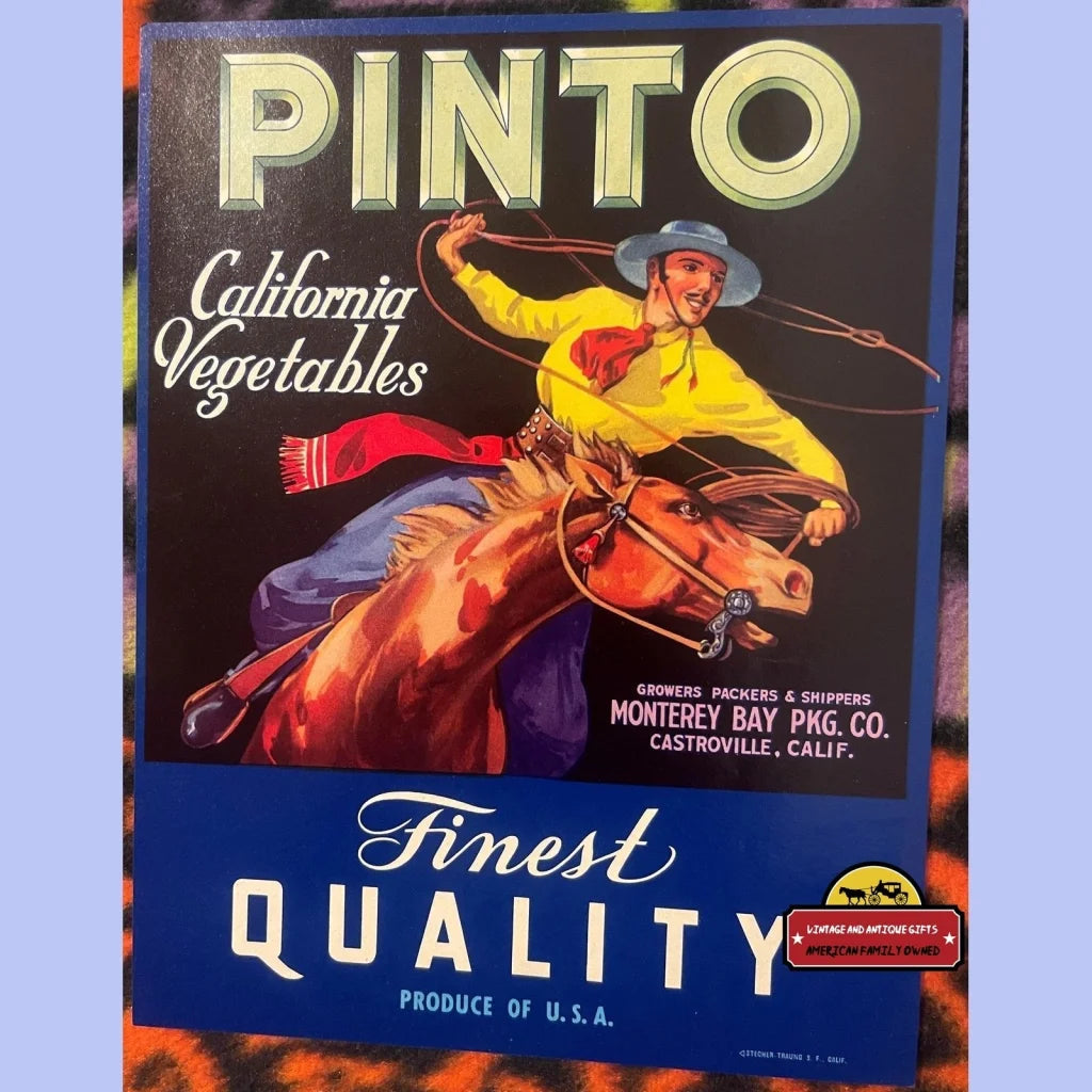 Vintage 1930s - 1940s 🤠 Pinto Crate Label Castroville CA Cowboy Rodeo Advertisements Antique Food and Home Misc.