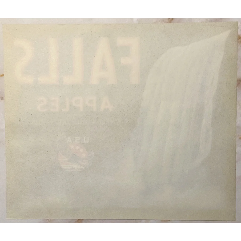White plastic bag with faint text, vintage style Chelan Falls 1940s falls apples crate label