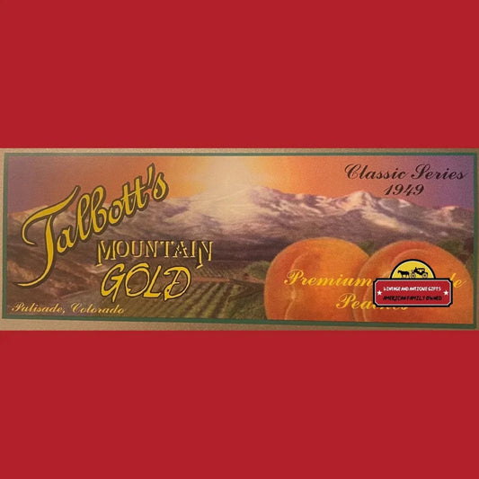 Vintage fruit crate label for Talbotts Mountain Gold peaches featuring mountain landscape and orange peaches.