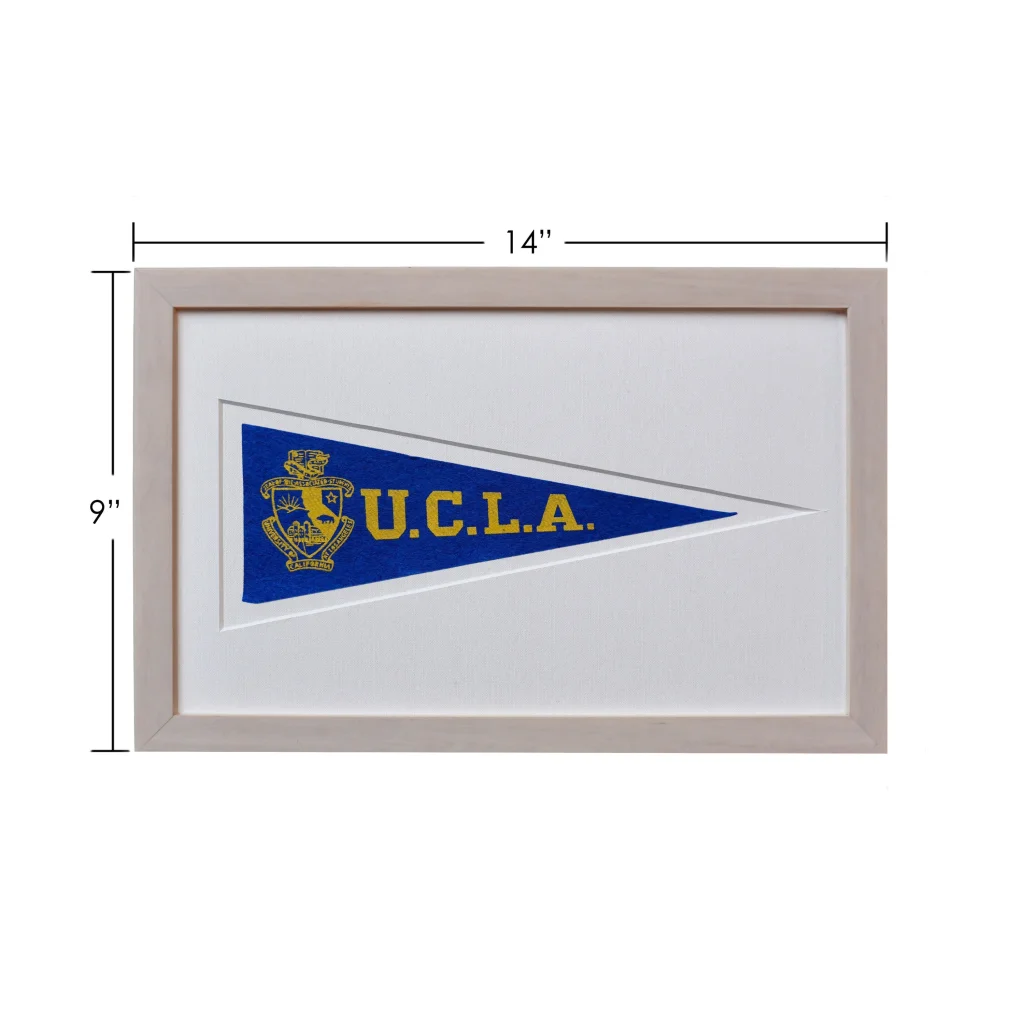 Vintage 1950s UCLA Hormel wool felt pennant in blue gold frame