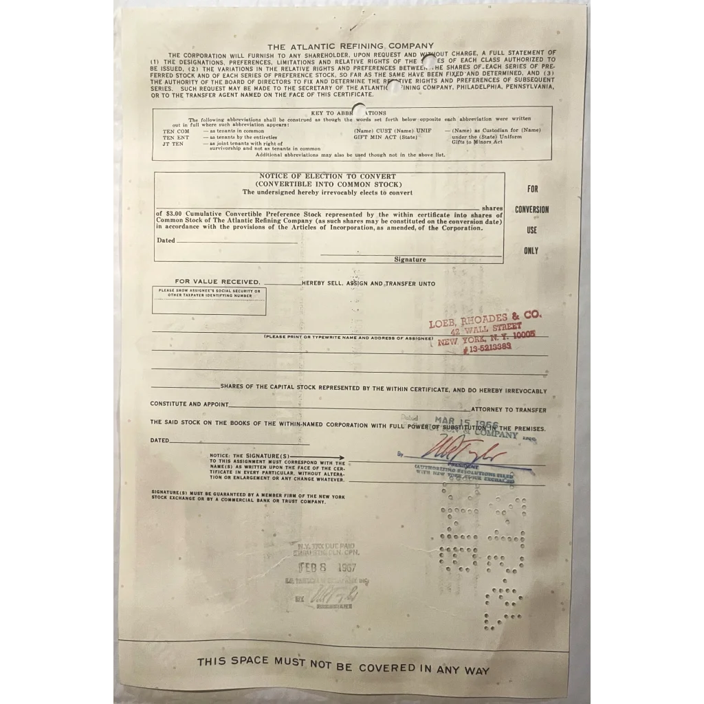 Vintage Atlantic Refining Company stock certificate with handwritten signatures and printed text