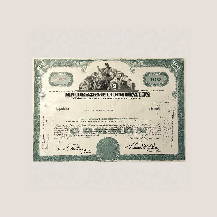 Vintage 1960s Studebaker stock certificate showing Studebaker Corporation stock details