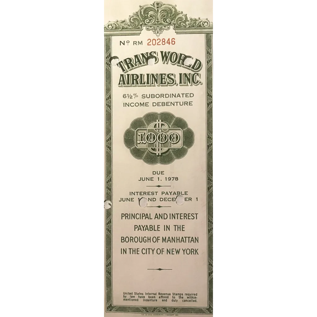 Vintage Trans World Airlines Gold Bond Certificate highlights aviation history