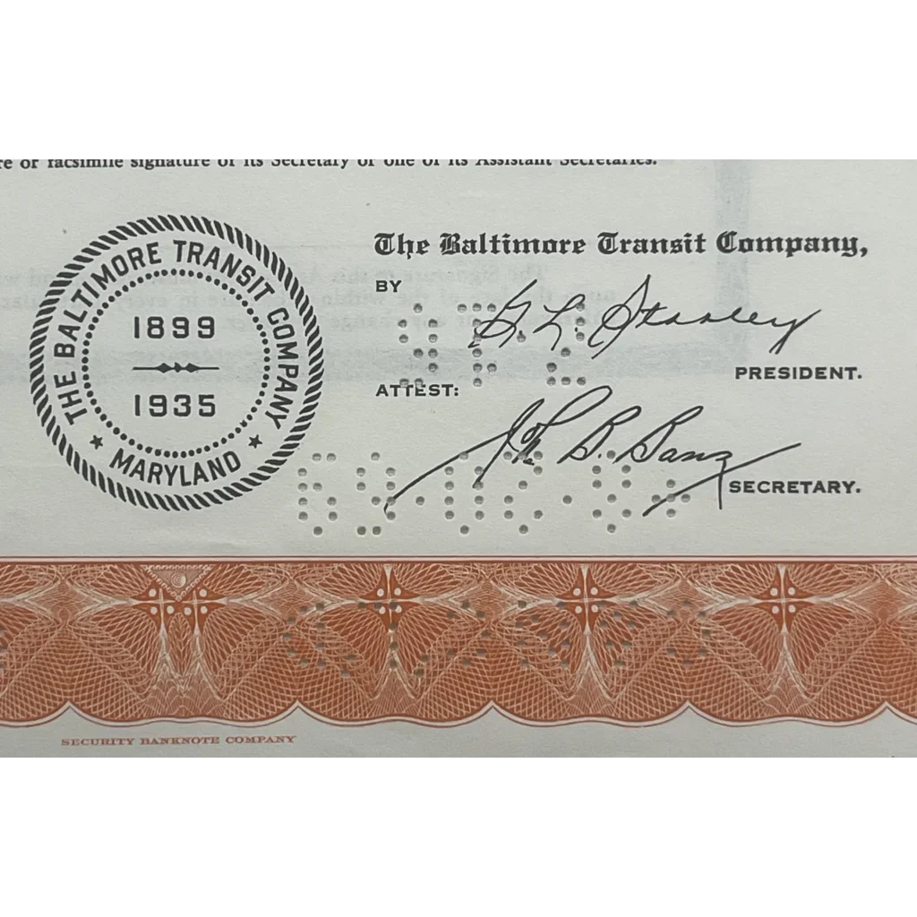 Rare 1966 Baltimore Transit gold bond certificate with seal and signatures
