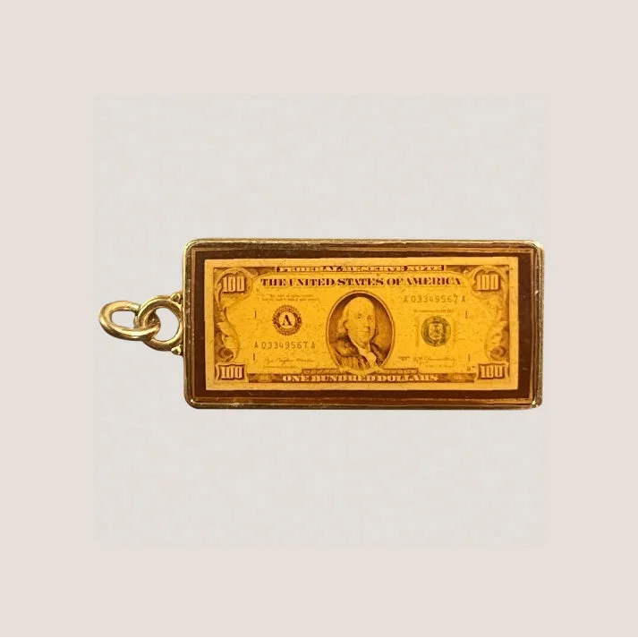 Gold-colored hundred dollar bill keychain fob, vintage Hawaiian Punch style, antique vibe