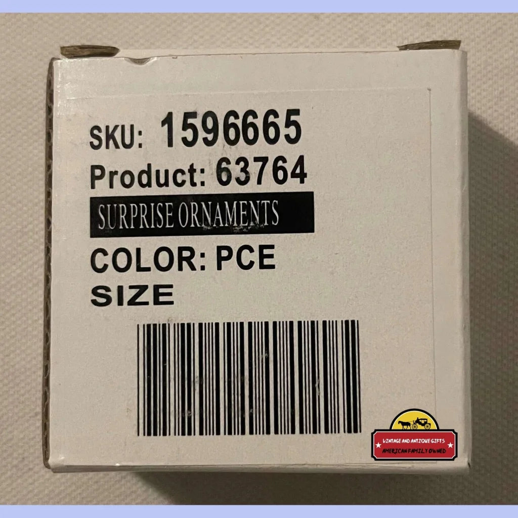 White cardboard box with product info and barcode for Groovy 1970s Porcelain Christmas Tree Ornaments