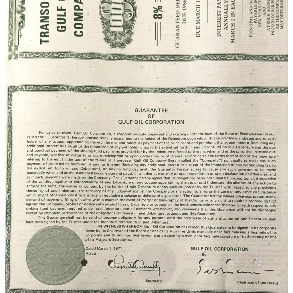 Stock certificate showcasing a Rare 1971 Transocean Gulf Oil Bond Certificate with seal