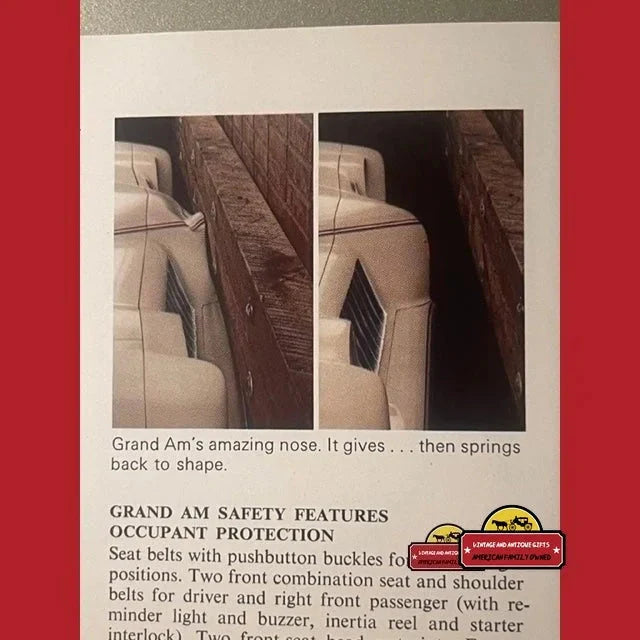 Vintage Pontiac Grand Am dealer brochure showcasing safety features and rare design