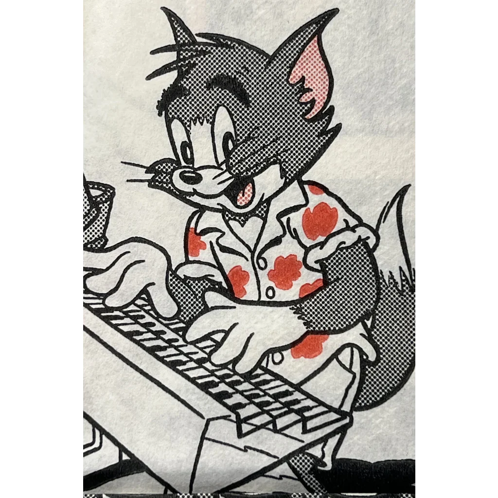Cartoon cat in a polka dot shirt typing on keyboard for Vintage 80s Happy Meal Bag