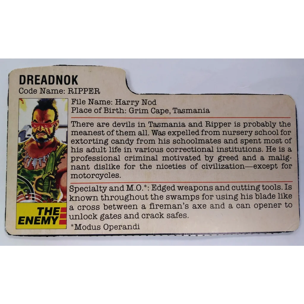 Vintage 1985 Hasbro Ripper Dreadnok action figure with file card