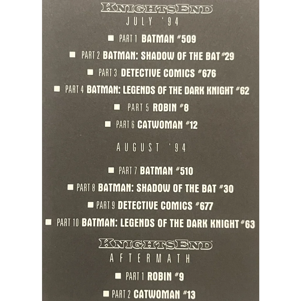 Release schedule for Batman comics from July-August 94 on a Graham Nolan antique gift