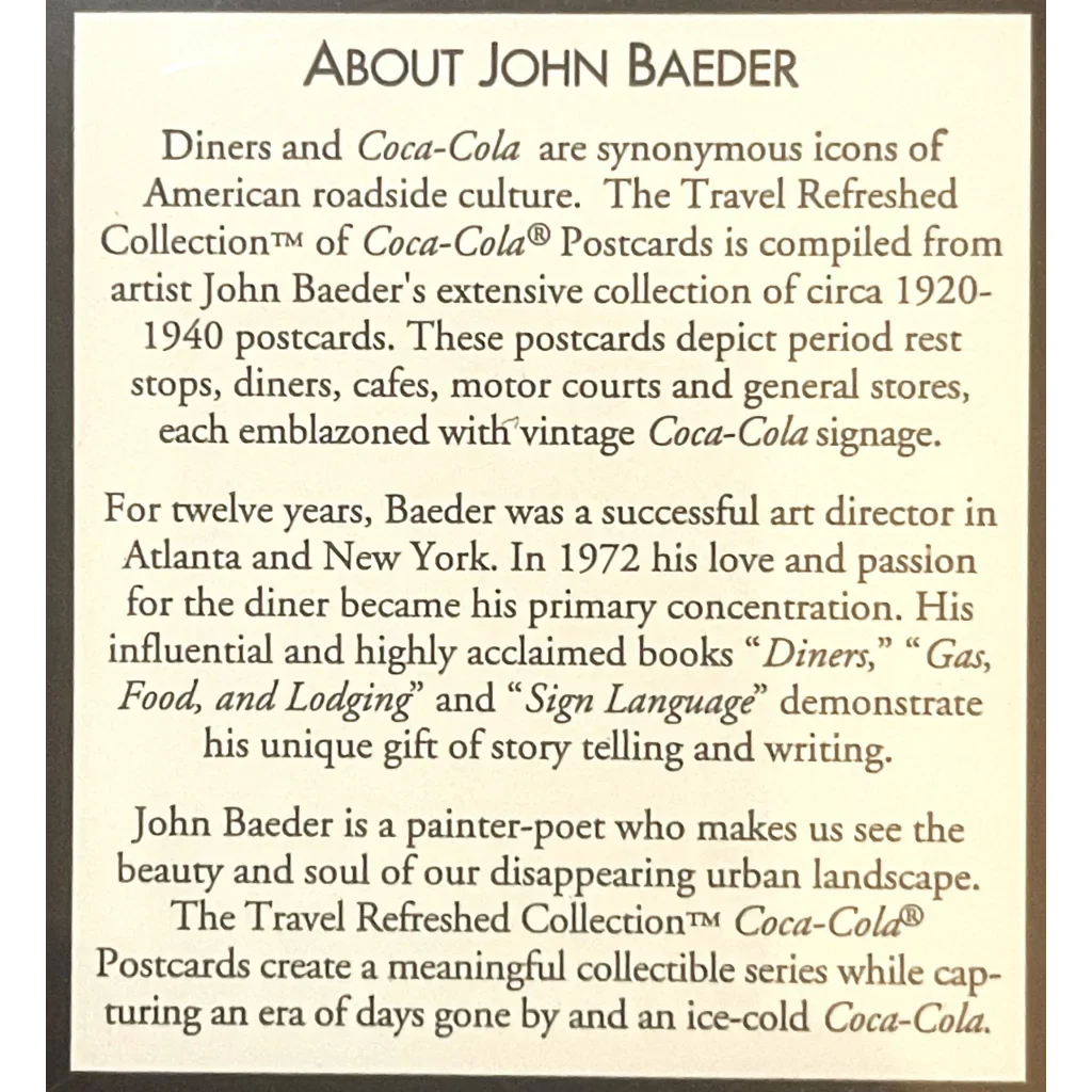 Biographical details on John Baeder and his Coca-Cola postcard set showcasing diner culture