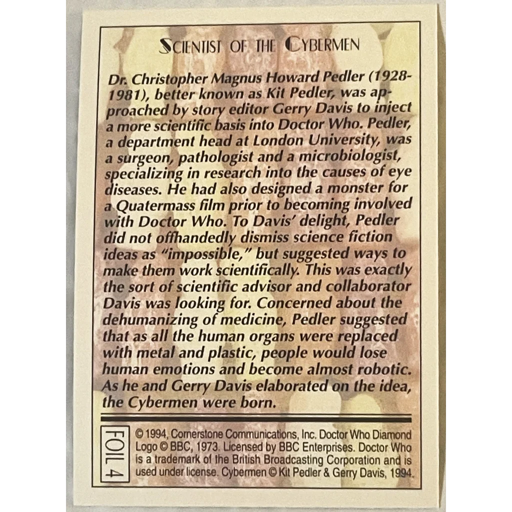 Informational block on Dr. Christopher Magnus Howard Pedler and his Cybermen trading card contributions