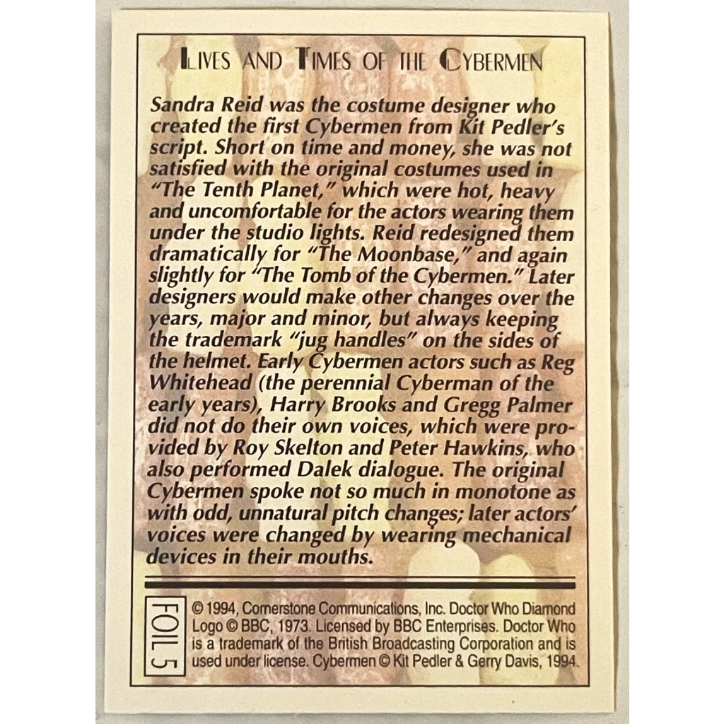 Informational text card on Cybermen costume design from the Rare Vintage 1990s Doctor trading card