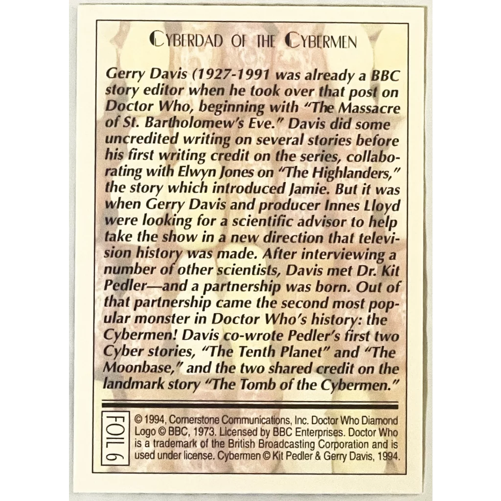 Informational text block about Gerry Davis and his role in 1990s Doctor Who trading cards